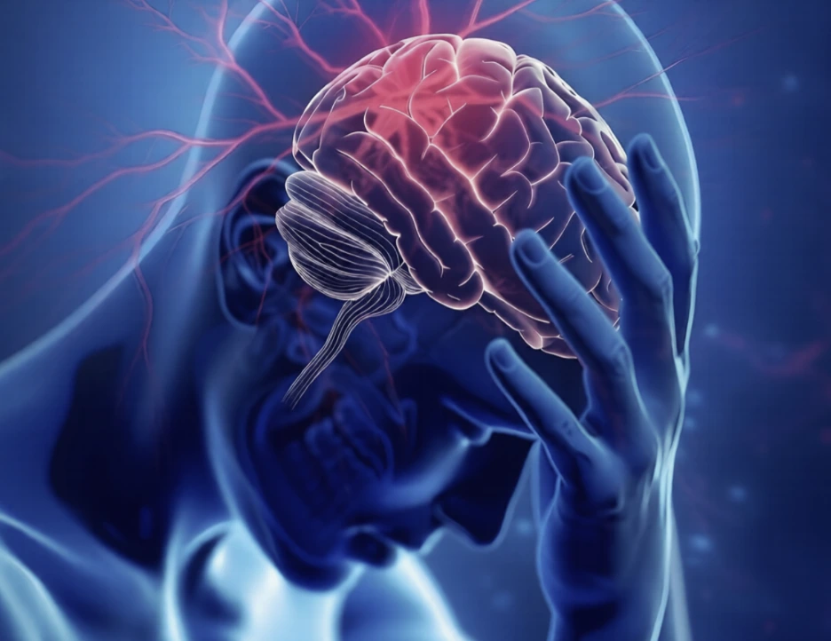 Person holding head in pain with a glowing brain and pink neural activity illustrating headache or migraine.