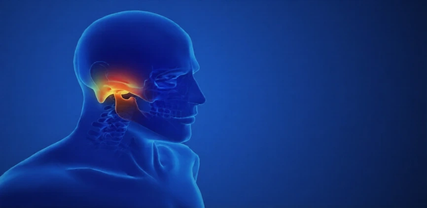 3D blue rendering of a human head and neck with a red-orange highlight at the jaw/temple, indicating pain to show head or neck discomfort