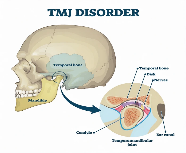 An anatomy diagram showing the skull and jaw with a highlighted temporomandibular joint (TMJ) to illustrate TMJ disorder in context of the jaw screen.