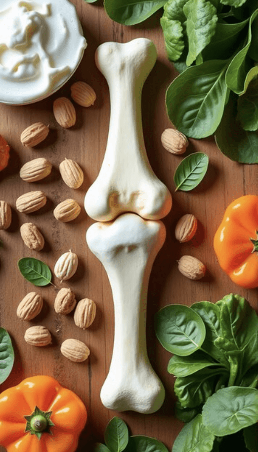 Large bone at center on a wooden table, surrounded by almonds, greens, and orange peppers.