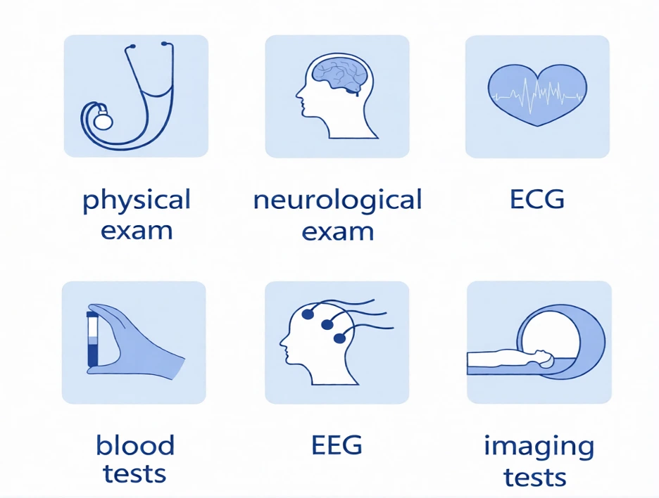 Stethoscope icon representing a physical exam on a light blue rounded square background with the label 'physical exam' beneath it (informative image).