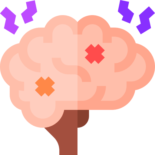 Seizure | Gurneet Stylized pink brain with orange and red accent marks and purple zigzag signals around it, depicting brain activity or focus (cartoon illustration)