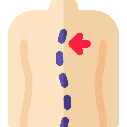 chiropractic | Gurneet Back view of a torso showing a dotted blue spine line and a red leftward arrow indicating spinal curvature (scoliosis).