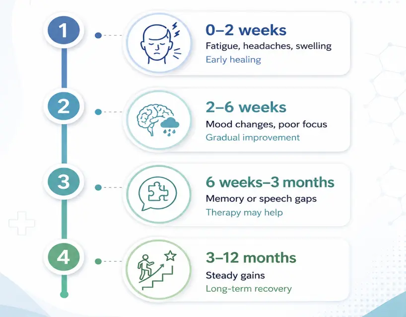 20 Picture 6 | Gurneet Four-step vertical recovery timeline with time ranges: 0–2 weeks (fatigue/headache icon), 2–6 weeks (brain with rain cloud), 6 weeks–3 months (puzzle/chat bubble), 3–12 months (person climbing stairs) and short captions explaining each stage.