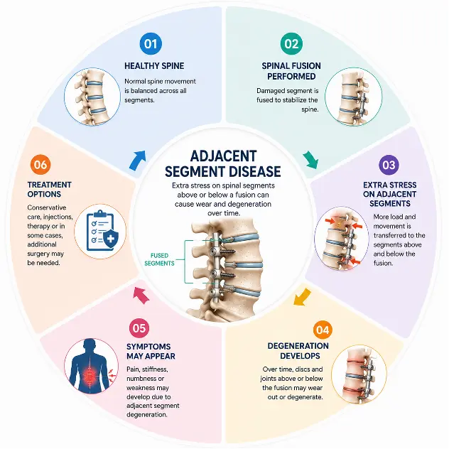 Educational circular diagram of adjacent segment disease with a central spine image and six numbered steps around it: 01 Healthy spine, 02 Spinal fusion performed, 03 Extra stress on adjacent segments, 04 Degeneration develops, 05 Symptoms may appear, 06 Treatment options.