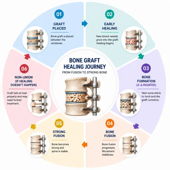 common Picture 3 | Gurneet Circular infographic of the bone graft healing journey around a spine model with six labeled steps