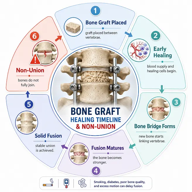 common Picture 4 | Gurneet Circular infographic showing a six-step bone graft healing timeline around a spinal fusion model with implants in the center.