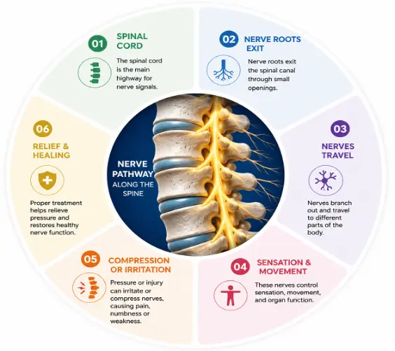 common Picture 5 | Gurneet Circular infographic showing the spine nerve pathway with six labeled sections describing spinal cord, nerve roots exit, nerves travel, sensation and movement, compression/irritation, and relief/healing, centered by a detailed spine illustration.