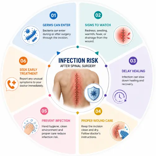 common Picture 7 | Gurneet Six-step circular infographic on preventing infection after spine surgery, centered on a back with a scar.
