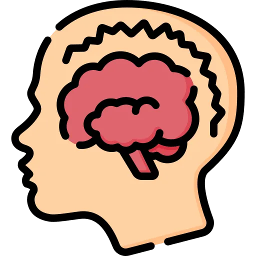 Profile view of a head with a pink brain inside, outlined in black, symbolizing thinking or neuroscience.