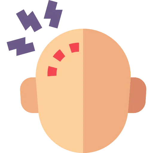 Cartoon bald head seen from above with red pain marks on the left side and purple burst shapes indicating a headache