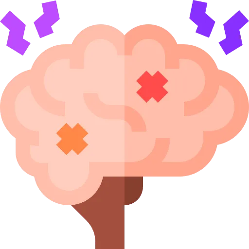 Stylized pink brain with orange and red accent marks and purple zigzag signals around it, depicting brain activity or focus (cartoon illustration)