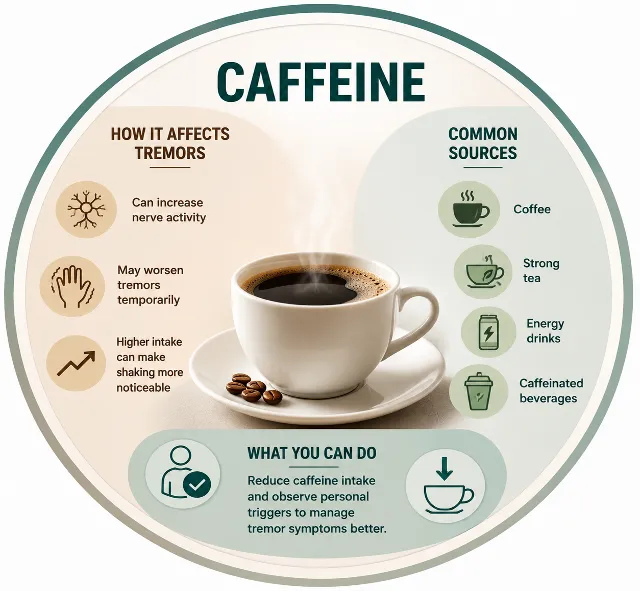 esse Picture 3 | Gurneet Infographic about caffeine: central cup of coffee with beans, sections on tremor effects, common sources (coffee, strong tea, energy drinks, caffeinated beverages), and a bottom tip panel about reducing caffeine intake and managing tremor symptoms.