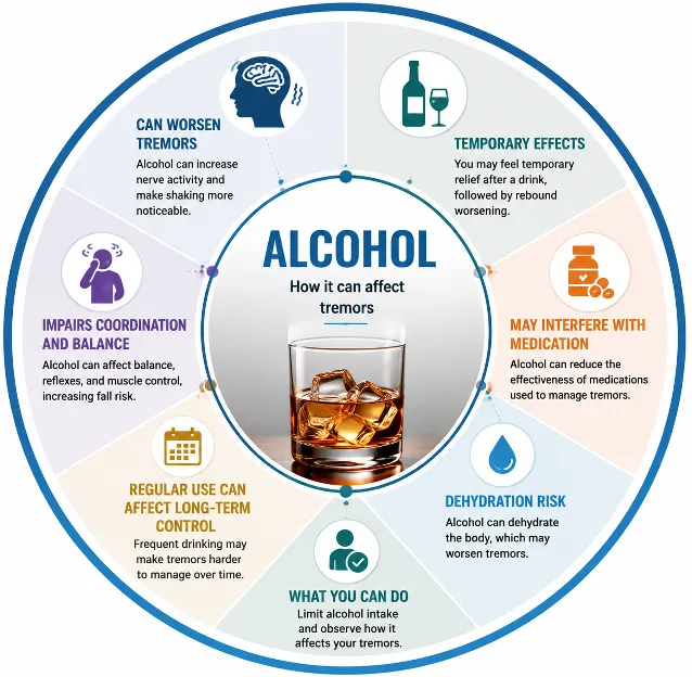 esse Picture 4 | Gurneet Circular infographic explaining how alcohol affects tremors, centered on a glass of whiskey with labeled effect sections around it.