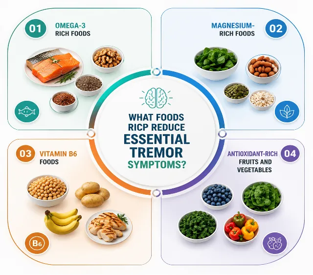 essential Picture 2 | Gurneet Infographic listing four food groups that may reduce essential tremor symptoms: omega-3, magnesium, vitamin B6, antioxidant-rich foods.
