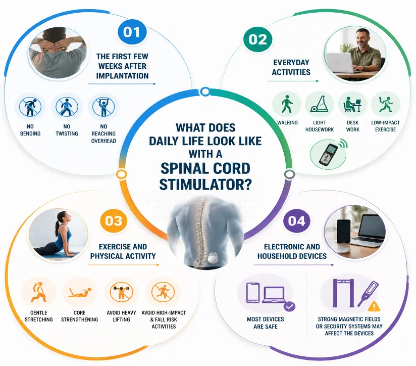 living Picture 2 | Gurneet Infographic showing four sections about daily life with a spinal cord stimulator: implantation, activities, exercise, and devices, centered on the question.