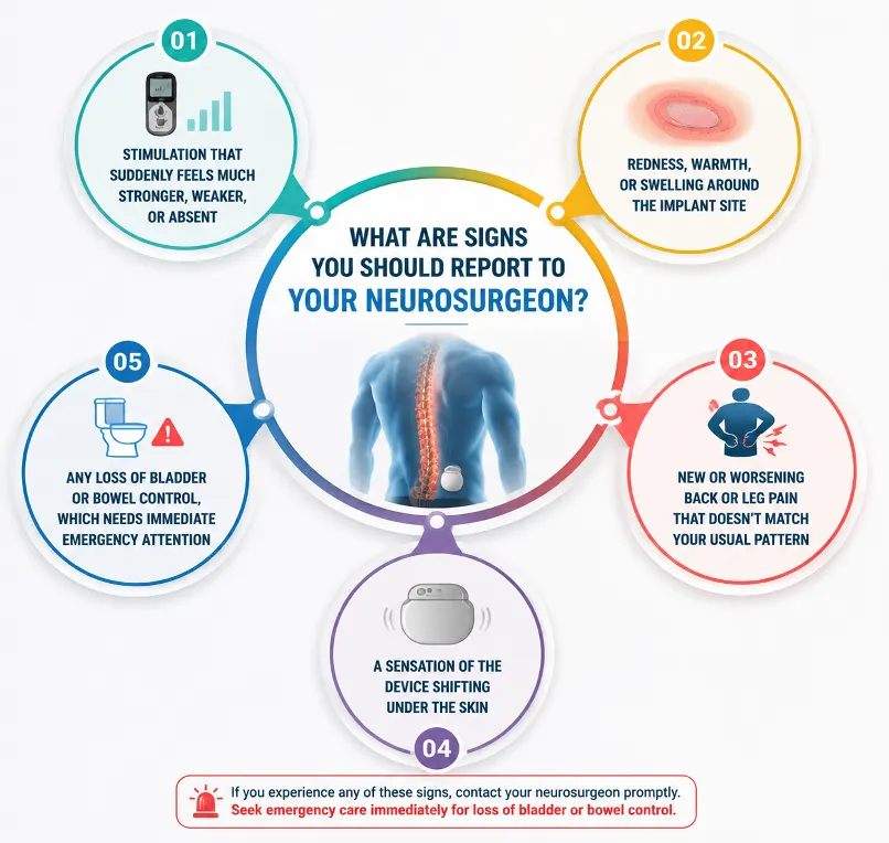 living Picture 3 | Gurneet Infographic listing five warning signs to report to a neurosurgeon: stimulation changes, implant site redness, new back or leg pain, bladder or bowel changes, and a device shifting sensation.