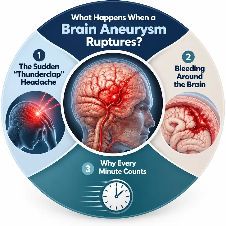 Infographic about brain aneurysm ruptures: three signs—sudden 'thunderclap' headache, bleeding around the brain, and 'Why Every Minute Counts' with a clock, all around a central brain image.