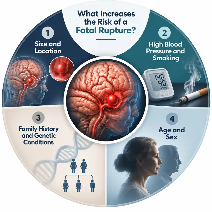 Infographic circle listing risk factors for fatal aneurysm rupture: size/location, high blood pressure and smoking, family history, age/sex, with a central brain image.