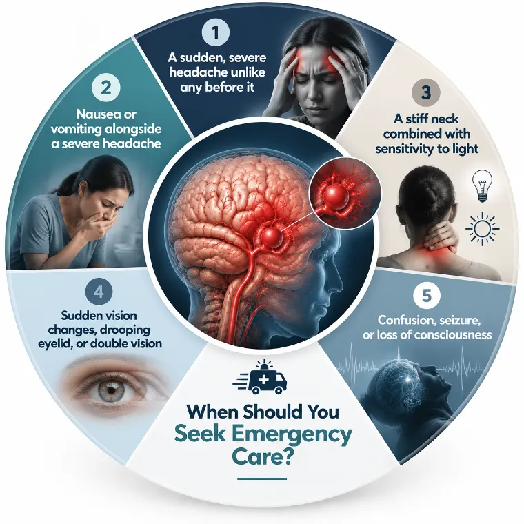 Infographic circle listing risk factors for fatal aneurysm rupture: size/location, high blood pressure and smoking, family history, age/sex, with a central brain image.