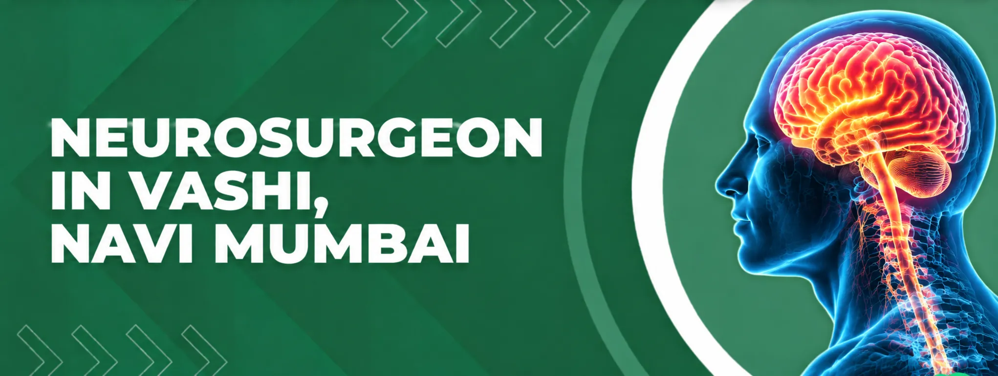 Banner announcing a neurosurgeon in Vashi, Navi Mumbai with a blue-to-pink brain illustration on the right and a green geometric background.