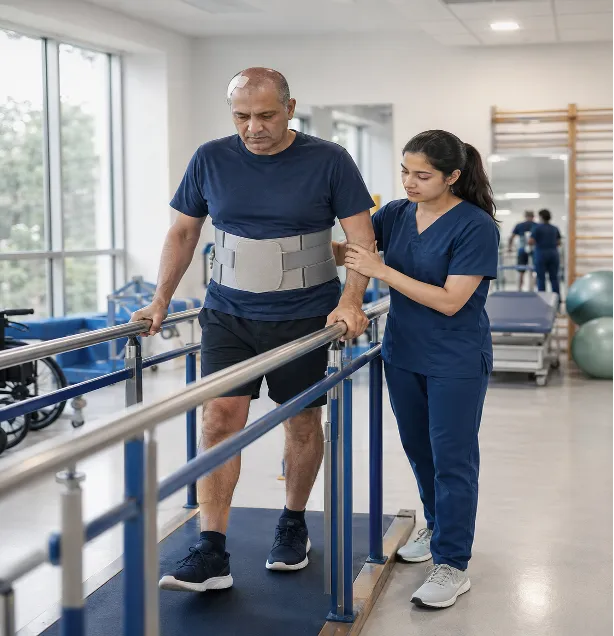 Neuro Physiotherapy in Mumbai Picture 2 1 | Gurneet Man in a back brace walking along parallel bars with a therapist supporting him in a rehab clinic.