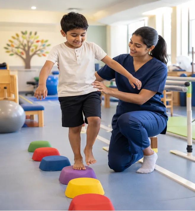 Neuro Physiotherapy in Mumbai Picture 3 1 | Gurneet A pediatric physical therapy session: a smiling therapist helps a boy walk along colorful stepping stones on the gym floor to practice balance.