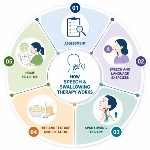 Circular infographic of five therapy steps around a central throat icon: Assessment, Speech and Language Exercises, Swallowing Therapy, Diet and Texture Modification, Home Practice