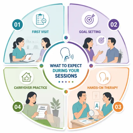 Infographic showing four steps of therapy sessions: First Visit, Goal Setting, Hands-on Therapy, Carryover Practice, with a central head-and-ear icon and friendly illustrations.