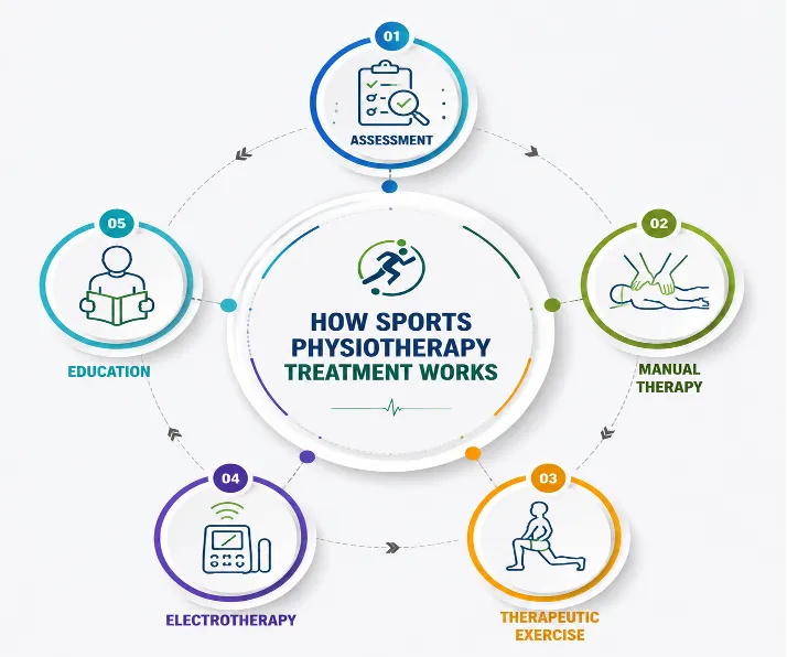 Infographic: five-step sports physiotherapy treatment around a central circle: Assessment, Manual Therapy, Therapeutic Exercise, Electrotherapy, Education.
