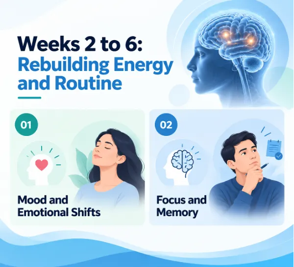 Infographic titled 'Weeks 2 to 6: Rebuilding Energy and Routine' showing two sections: 01 Mood and Emotional Shifts (woman resting) and 02 Focus and Memory (man thinking), with a brain graphic at the top.