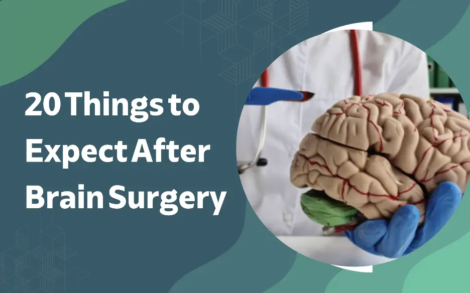 Article cover: '20 Things to Expect After Brain Surgery' with a circular photo of a brain held by gloved hands.