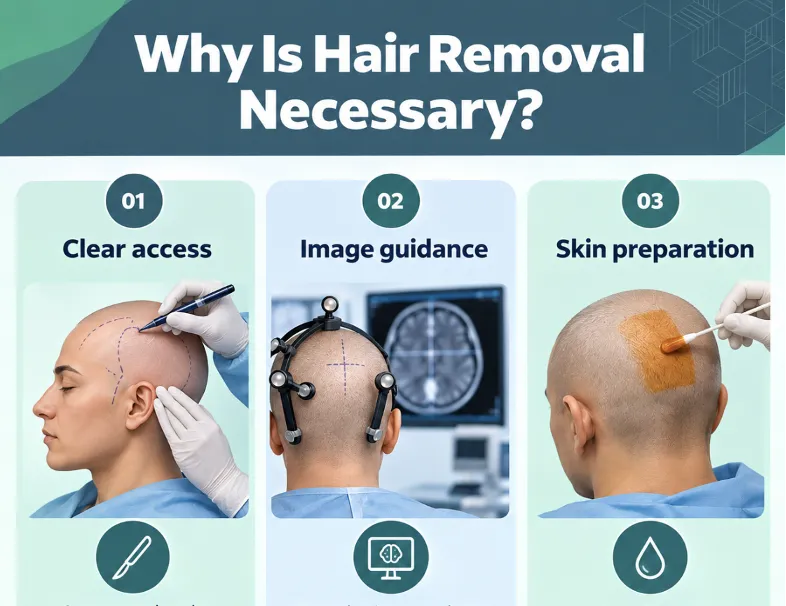 Infographic explaining why hair removal is necessary, with three steps: Clear access, Image guidance, and Skin preparation, each shown on a shaved head.