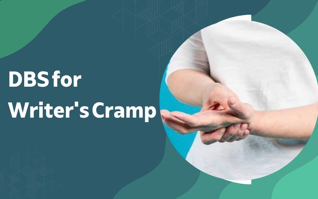 Banner promoting DBS for writer's cramp with a circular image of hands joined in front of a teal background.
